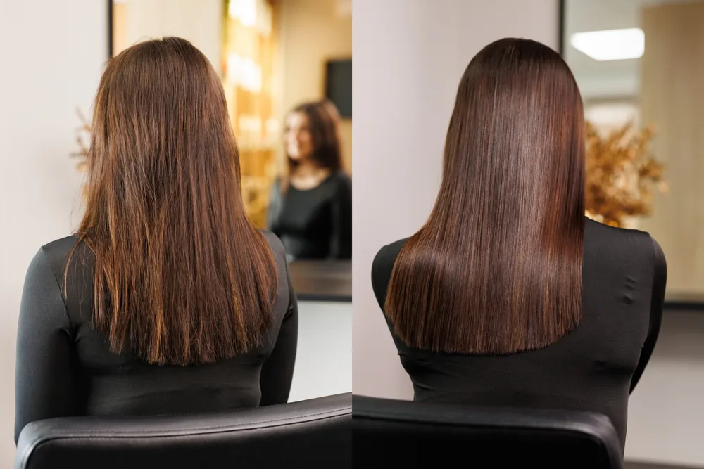 Hair straightening before and after showing smoother, shinier brunette hair at Jessabella Salon & Spa in Warwick, RI