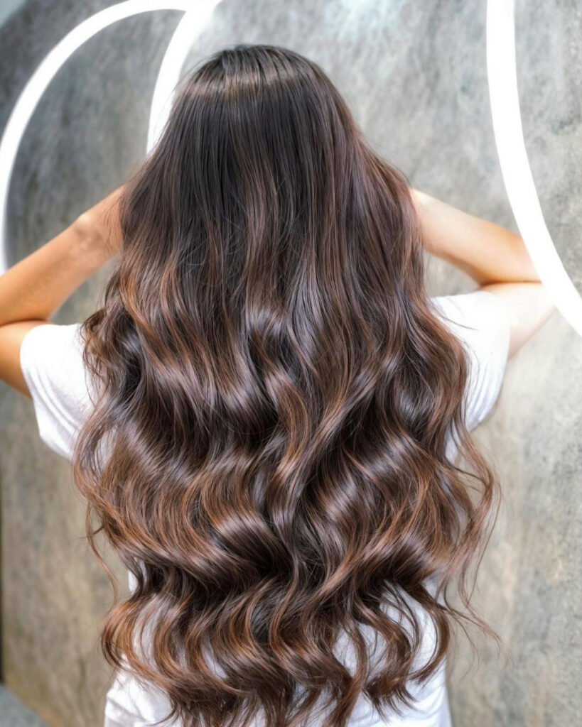 Back view of a person with long, glossy brown hair and soft waves, wearing a white shirt against a gray backdrop with white lines.